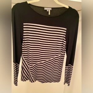 Vince Camuto Petite Black and Beige Striped Long Sleeve Tee
